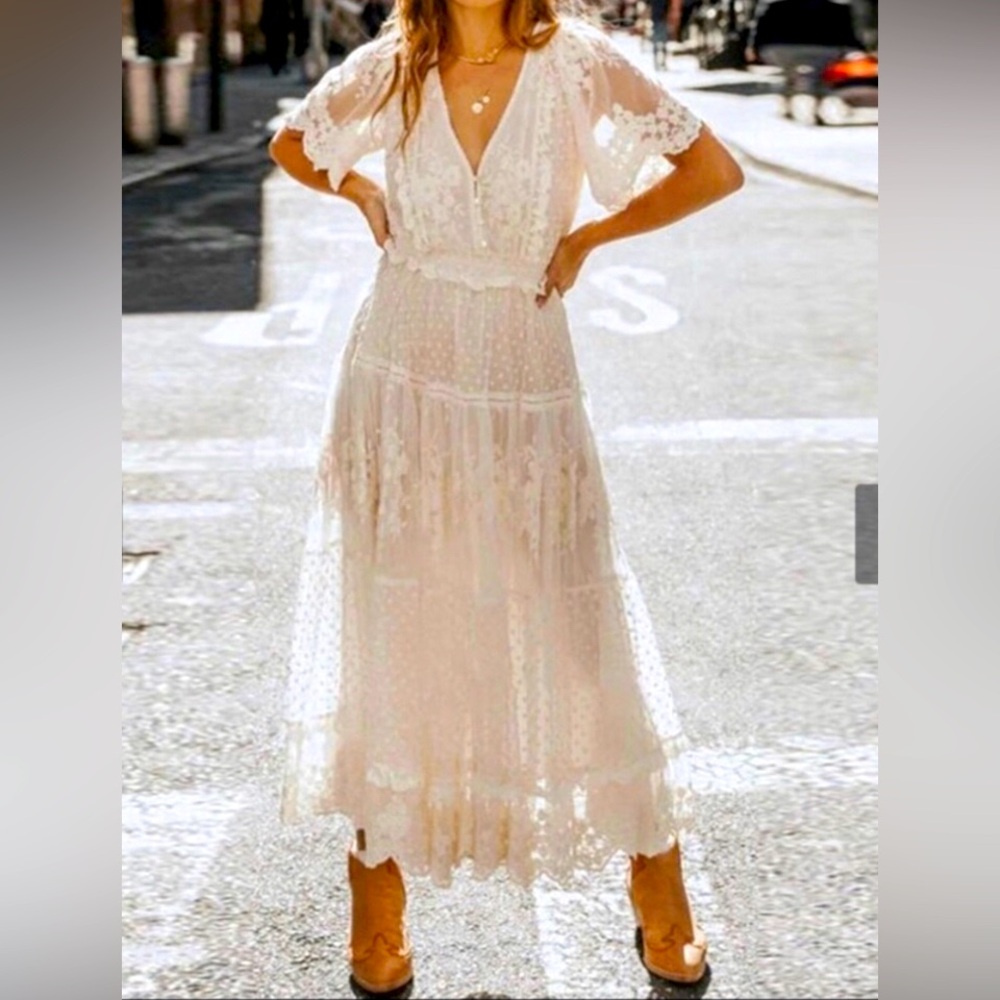 Ivory Lace Maxi Dress with Flutter Sleeves